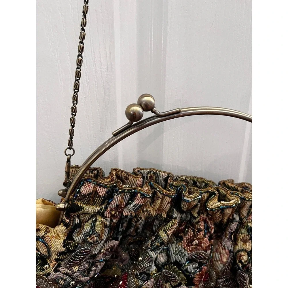 Vintage Floral Tapestry Kiss Lock Handbag Gold Beaded Chain Evening Purse OS
